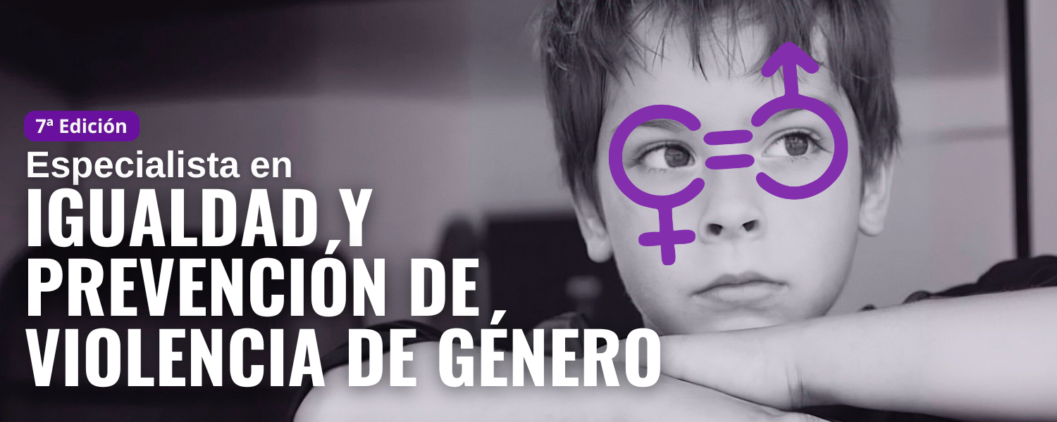 imagen de un niño con gafas moradas con simbolo de igualdad entre genero masculino y femenino